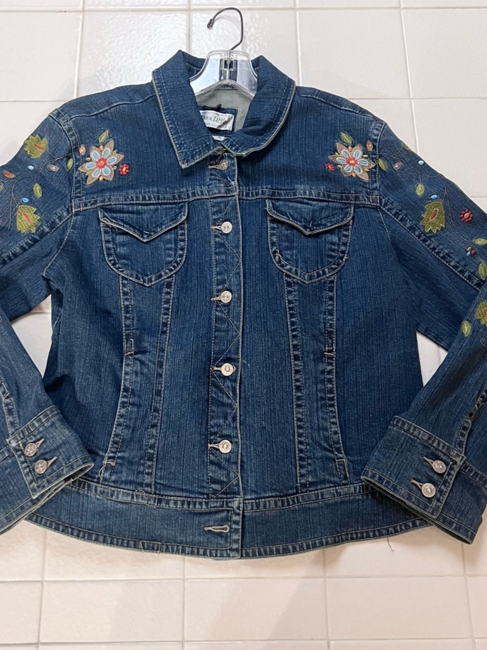 Embroidered Dark Blue Denim Jacket 99% Cotton Live A Little Boutique Sz XL